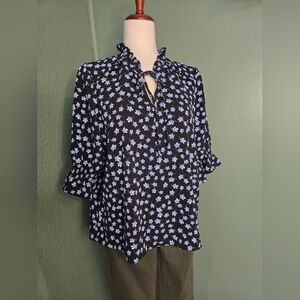CECE Blue Floral Ruffled V Neck 3/4 Sleeve Blouse Large